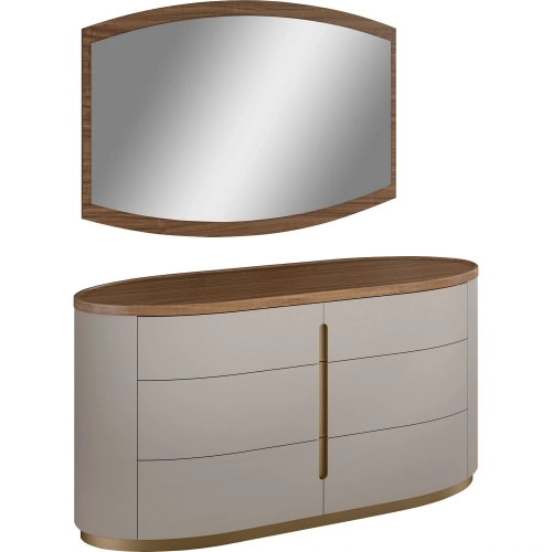 Ambra Dresser & Mirror Set in Light Grey, Walnut & Brushed Bronze